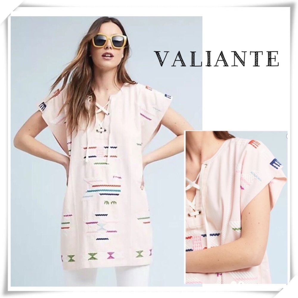 VALIANTE Anthropologie Tijuana Panay Embroidered Caftan Poncho in Soft Pink